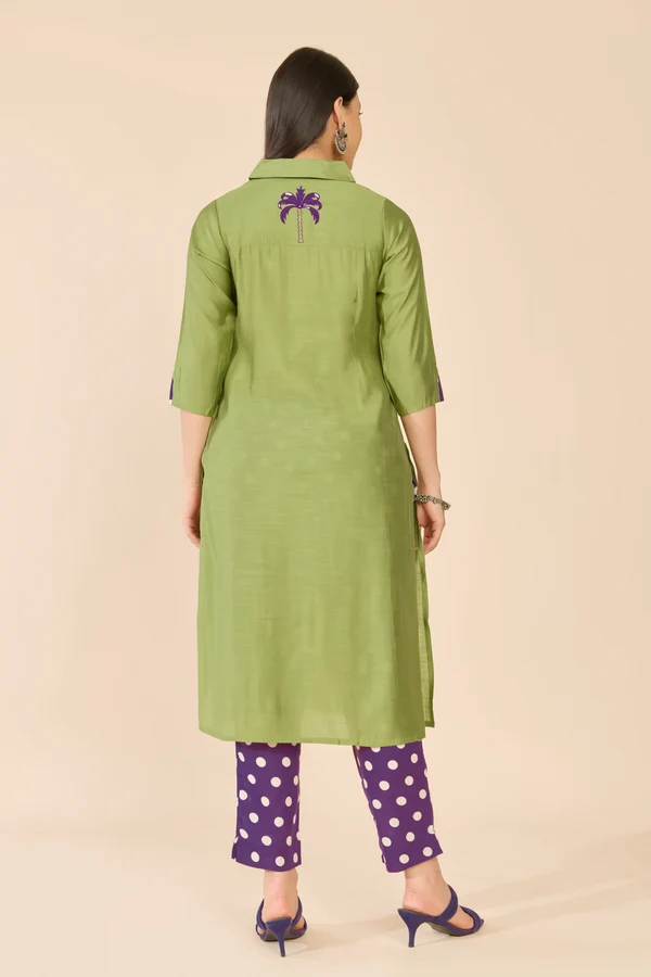 Green Solid Kurta With Purple Polka Dot Pants
