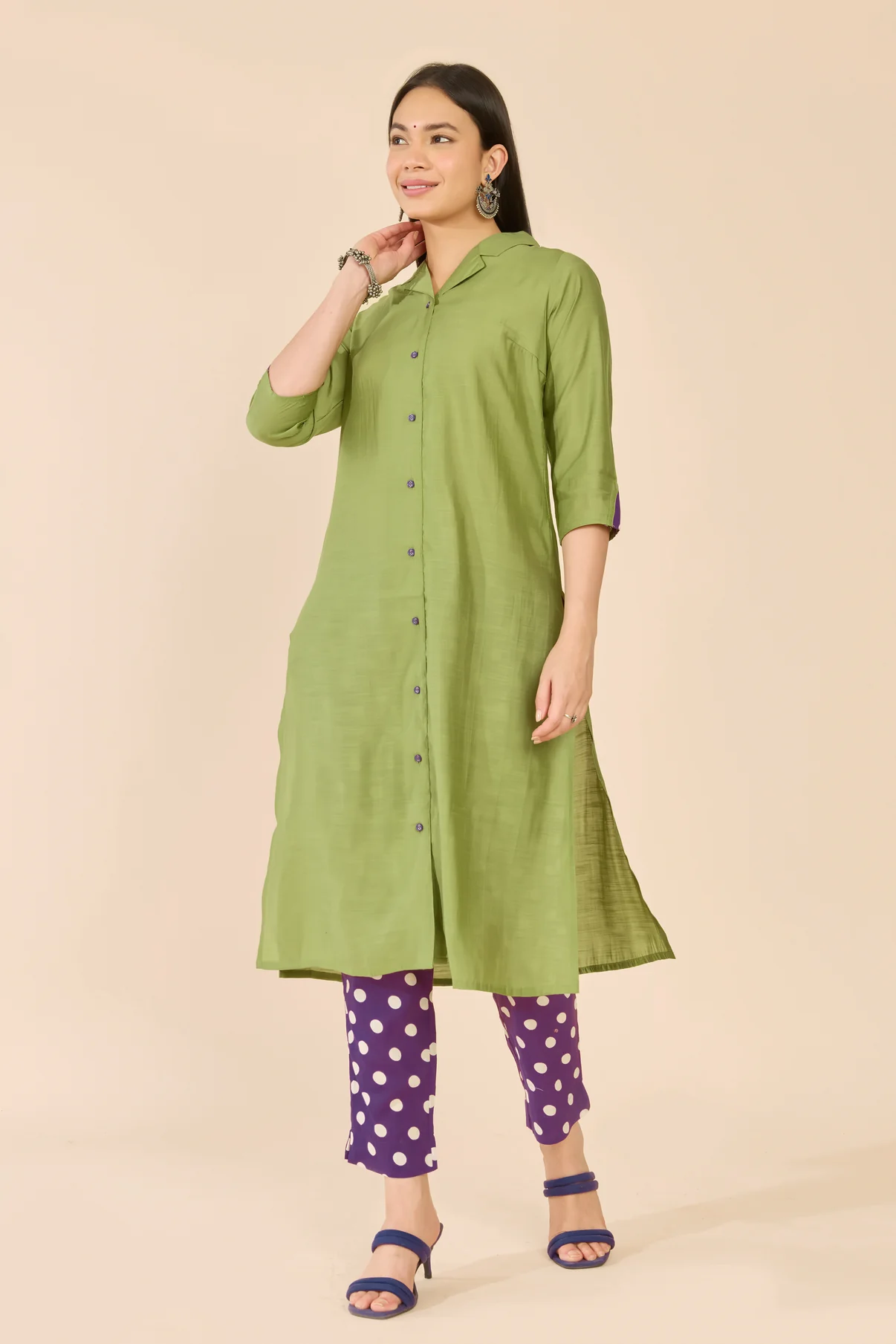 Green Solid Kurta With Purple Polka Dot Pants