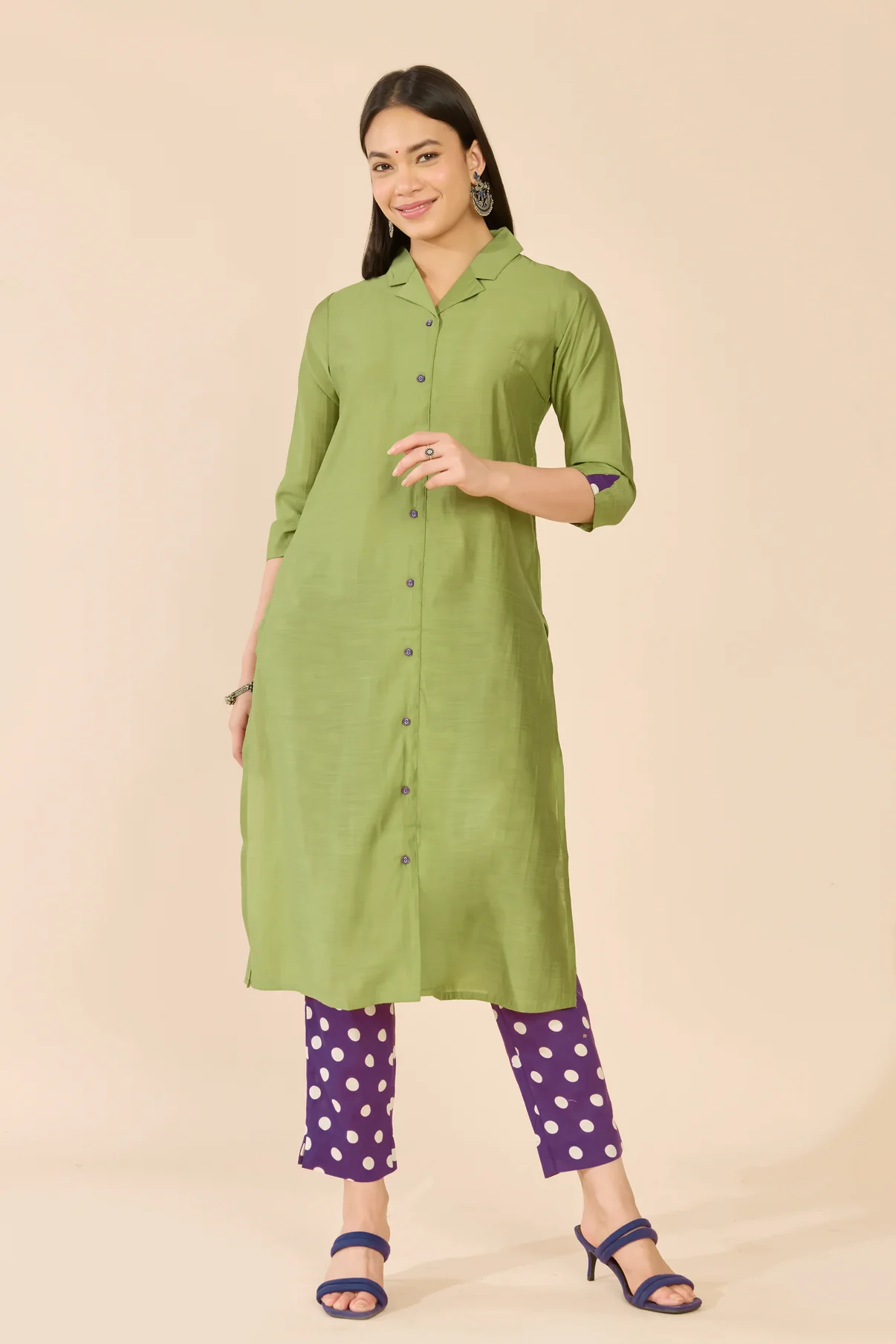 Green Solid Kurta With Purple Polka Dot Pants