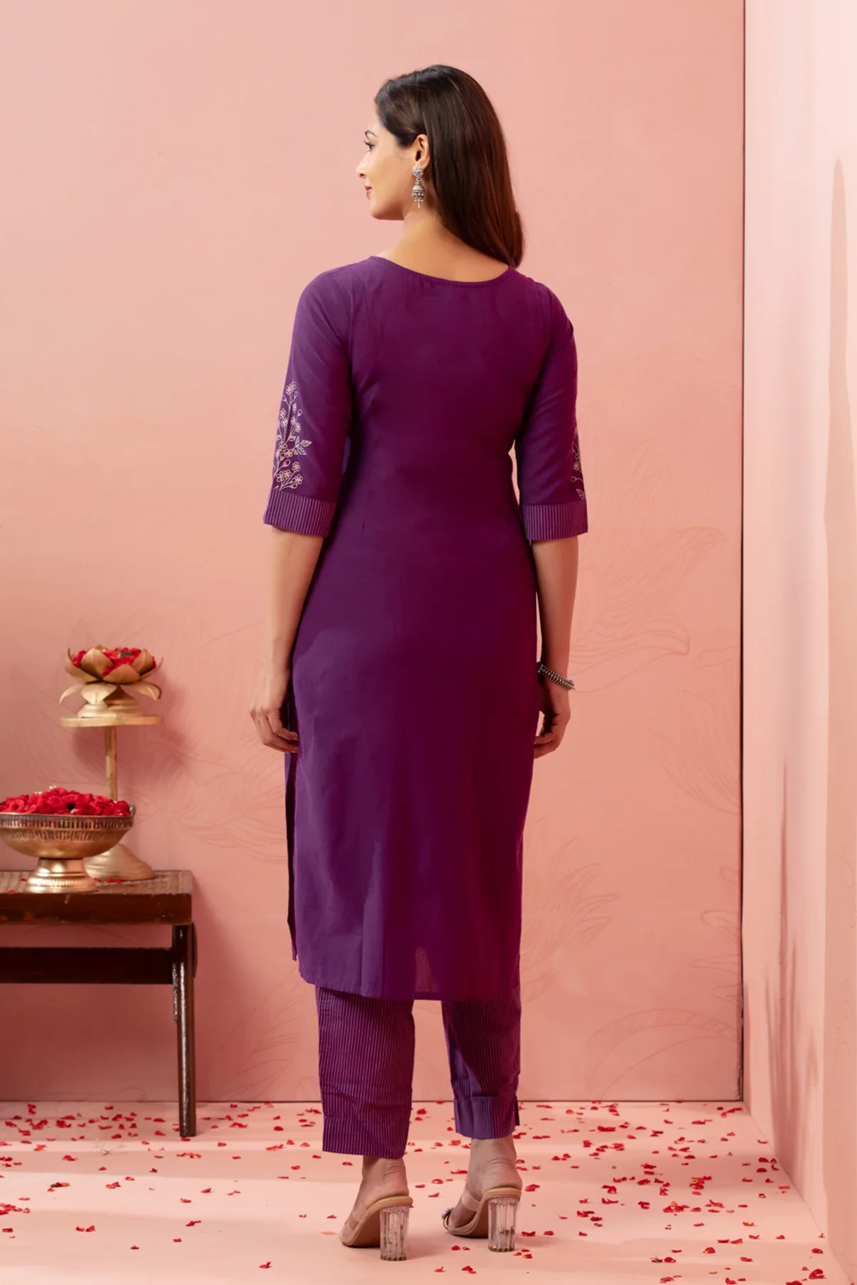 Purple Floral Printed Cotton Blend Kurta Pant Set