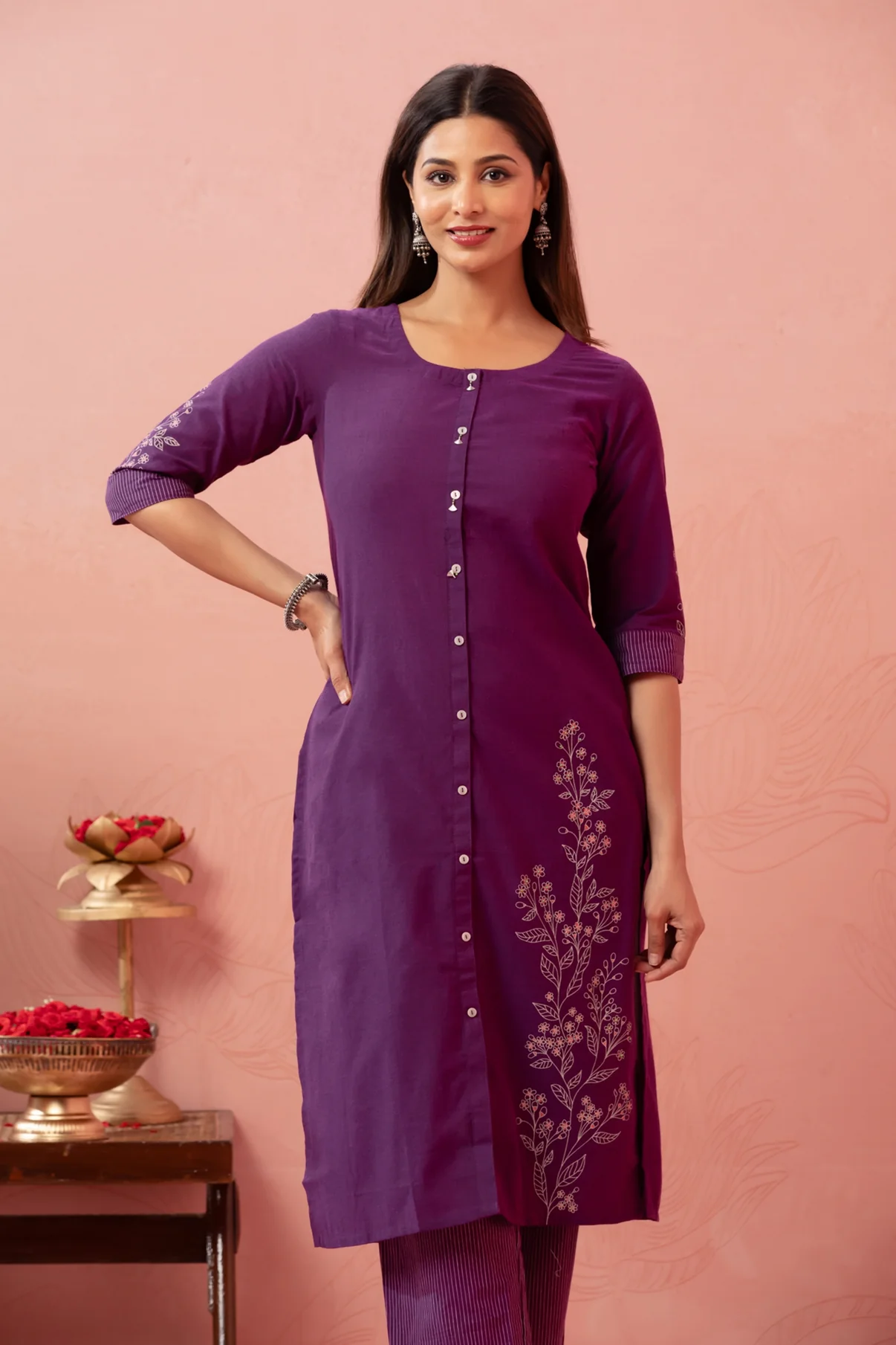 Purple Floral Printed Cotton Blend Kurta Pant Set