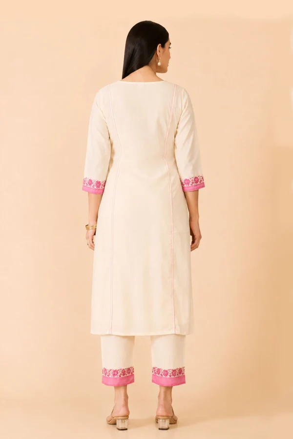 Off White Floral Embroidered Chandheri Kurta Pant Set
