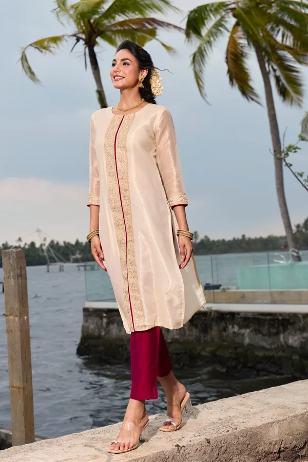 Off White Chanderi Tissue Stripe Kurta Pant Set