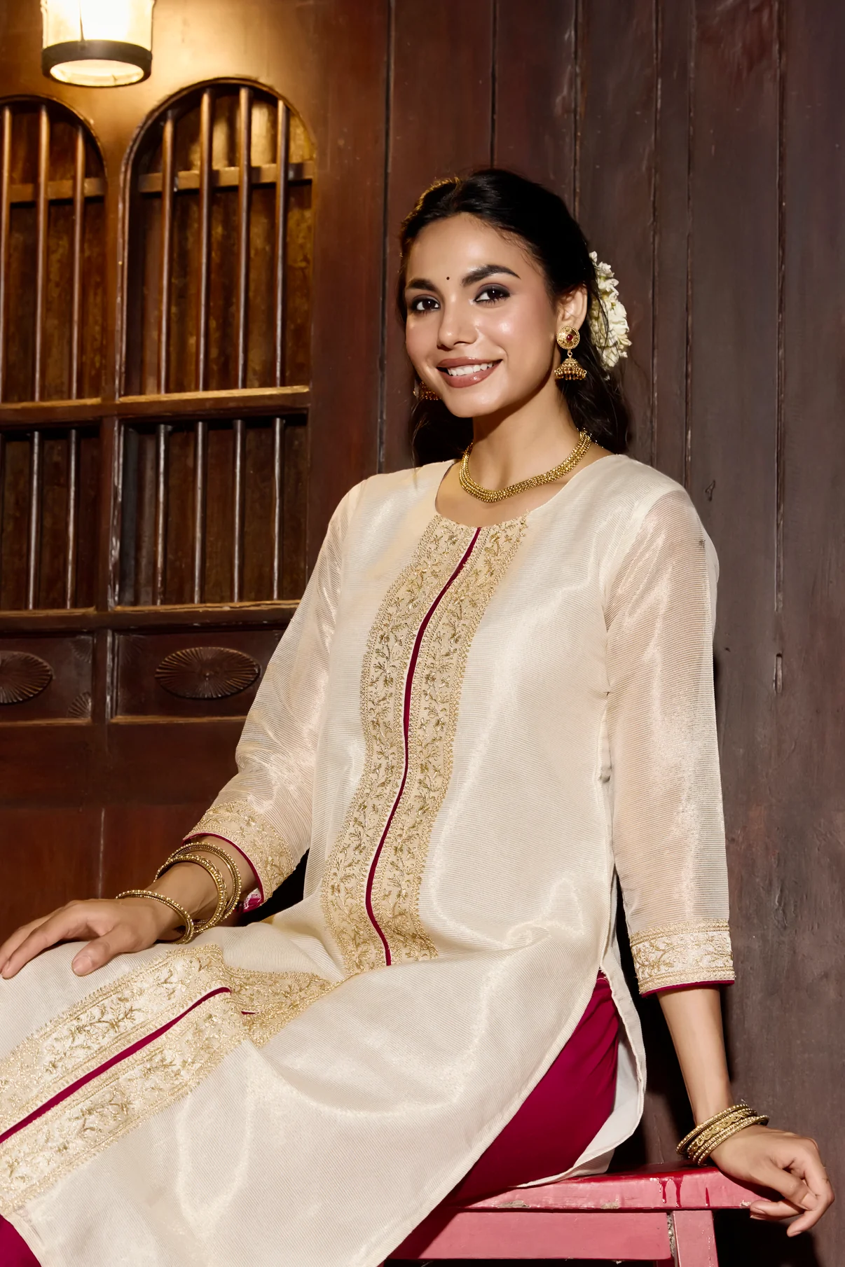 Off White Chanderi Tissue Stripe Kurta Pant Set
