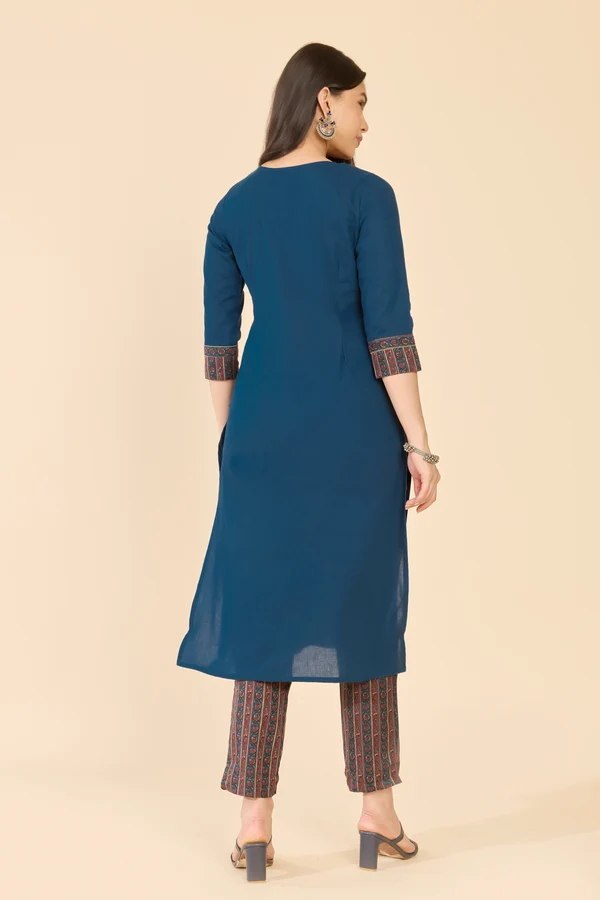 Blue Block Print Cotton Kurta Pant Set