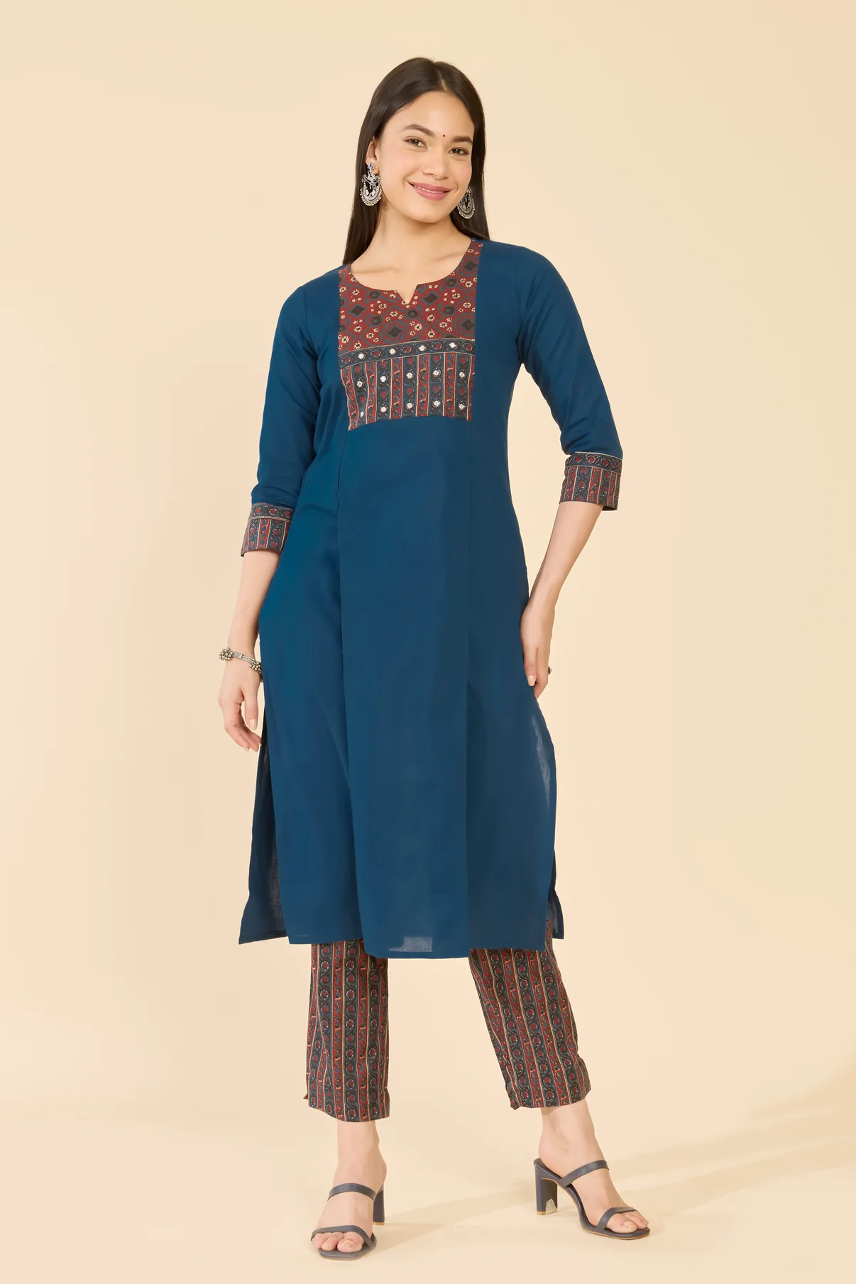 Blue Block Print Cotton Kurta Pant Set