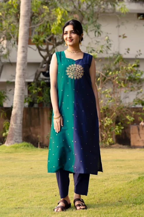 Blue Peacock Embroidered Colour Block Raw Silk Kurta