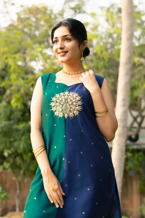 Blue Peacock Embroidered Colour Block Raw Silk Kurta