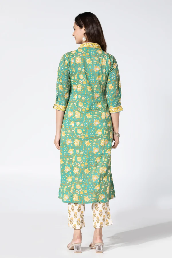 Floral Prined Green & Yellow Cotton Kurtaset