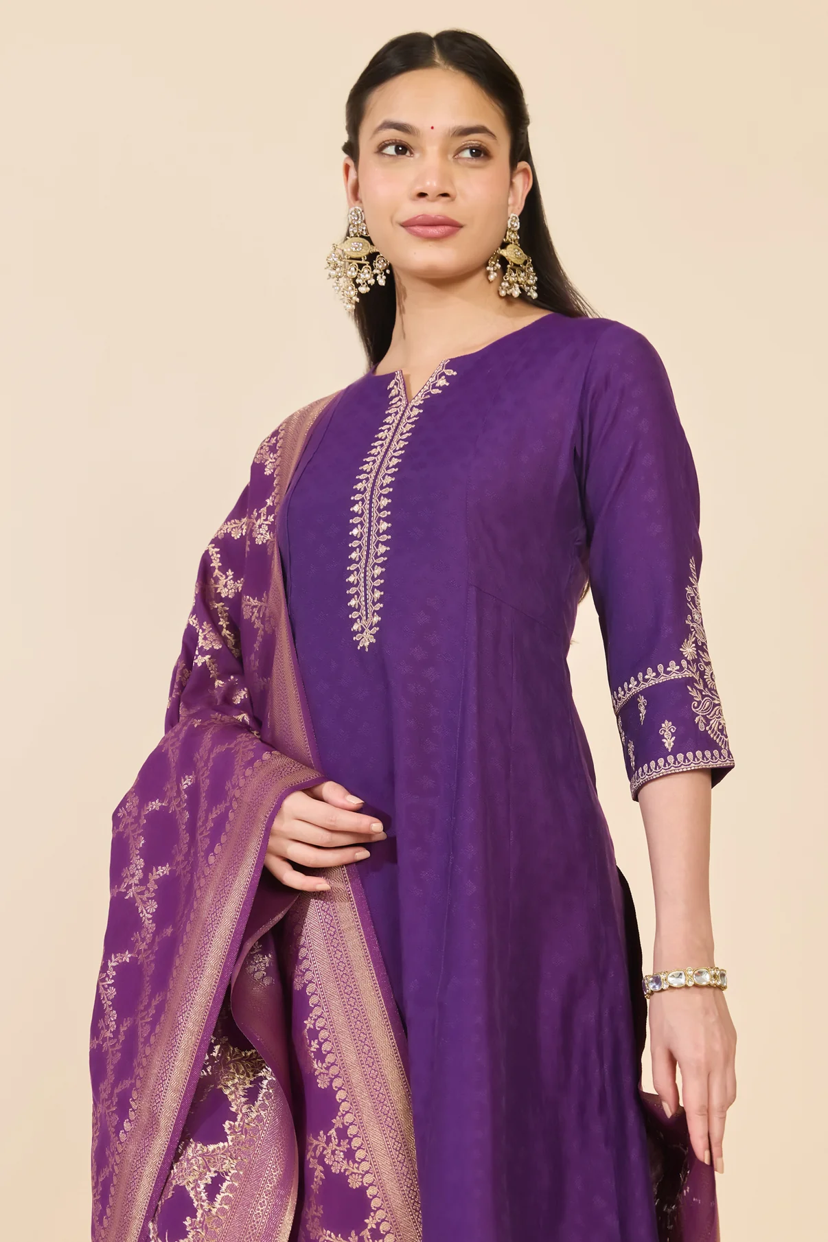 Purple Brocade Floral Kurta Set
