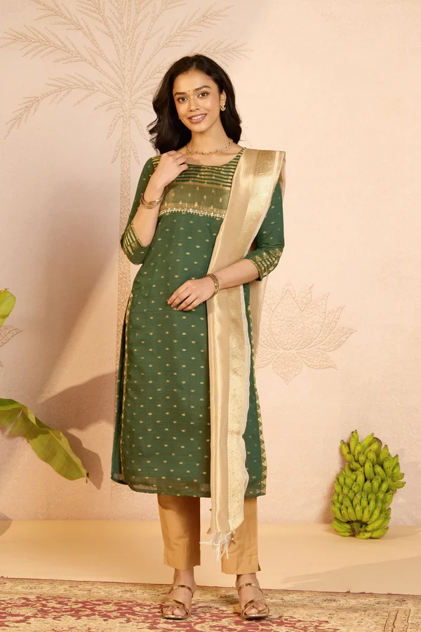 Green Kathakali Embroidered Chanderi Dobby Kurta Set