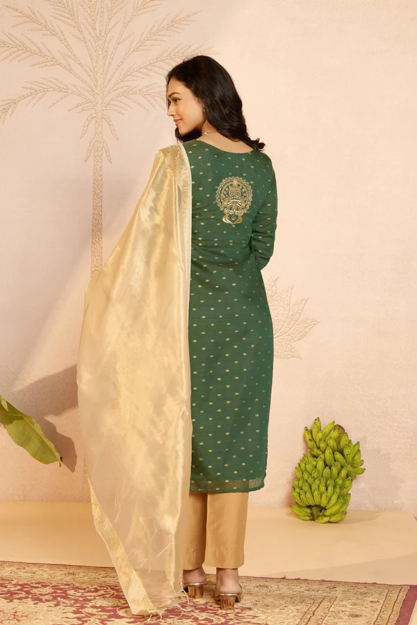 Green Kathakali Embroidered Chanderi Dobby Kurta Set