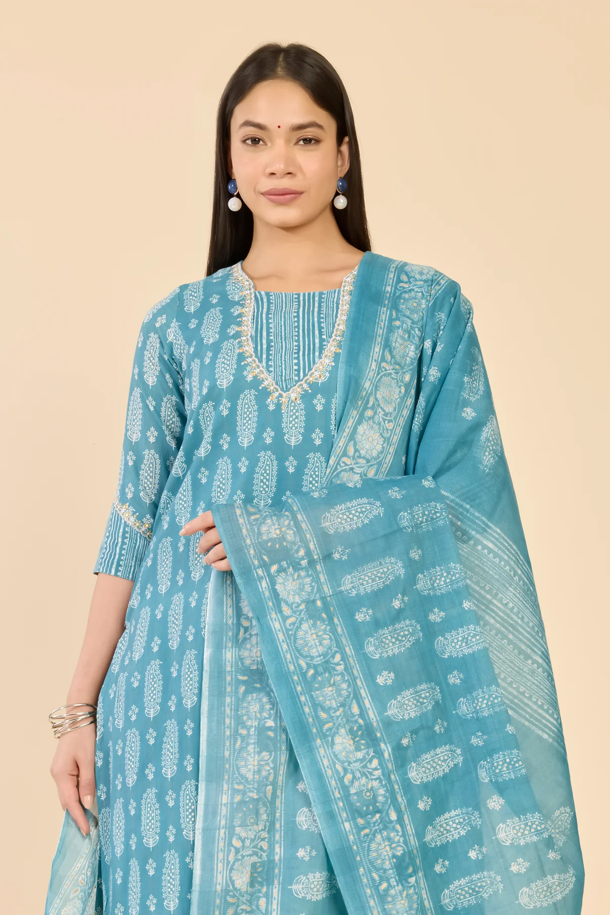 Blue Embroidered Yoke Jaipur Cotton Kurta Set