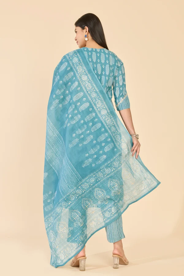 Blue Embroidered Yoke Jaipur Cotton Kurta Set