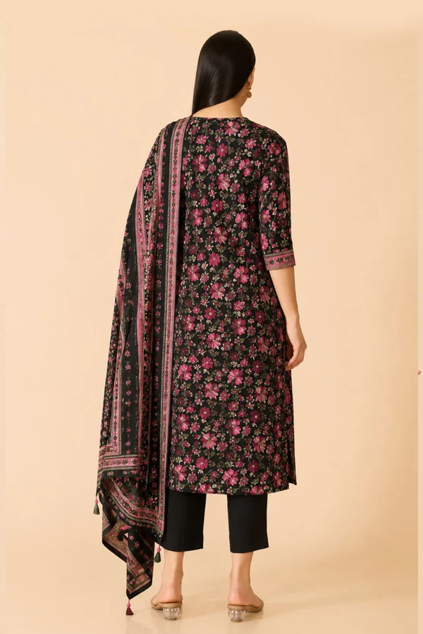Black Floral Printed Cotton Kurtaset