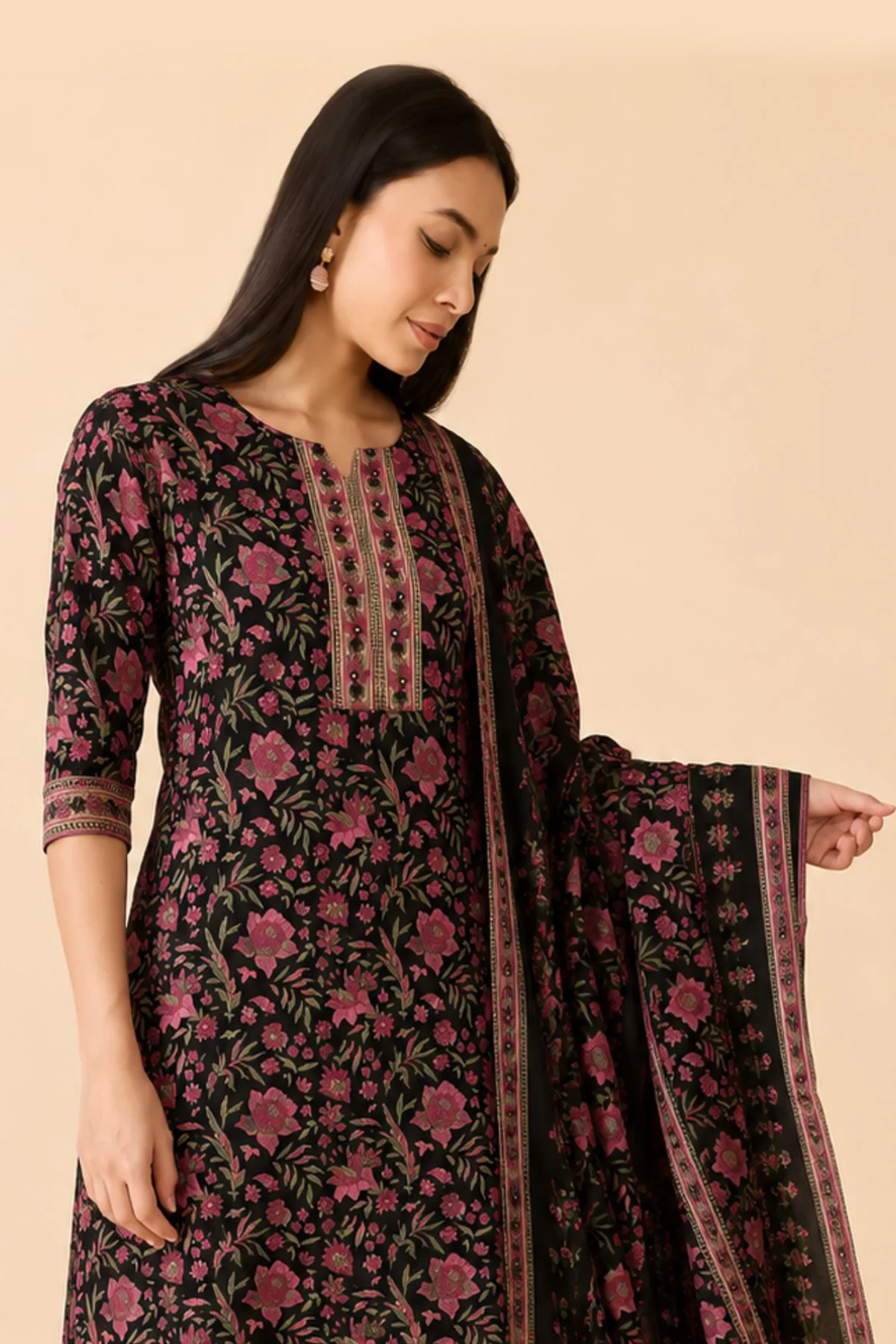 Black Floral Printed Cotton Kurtaset