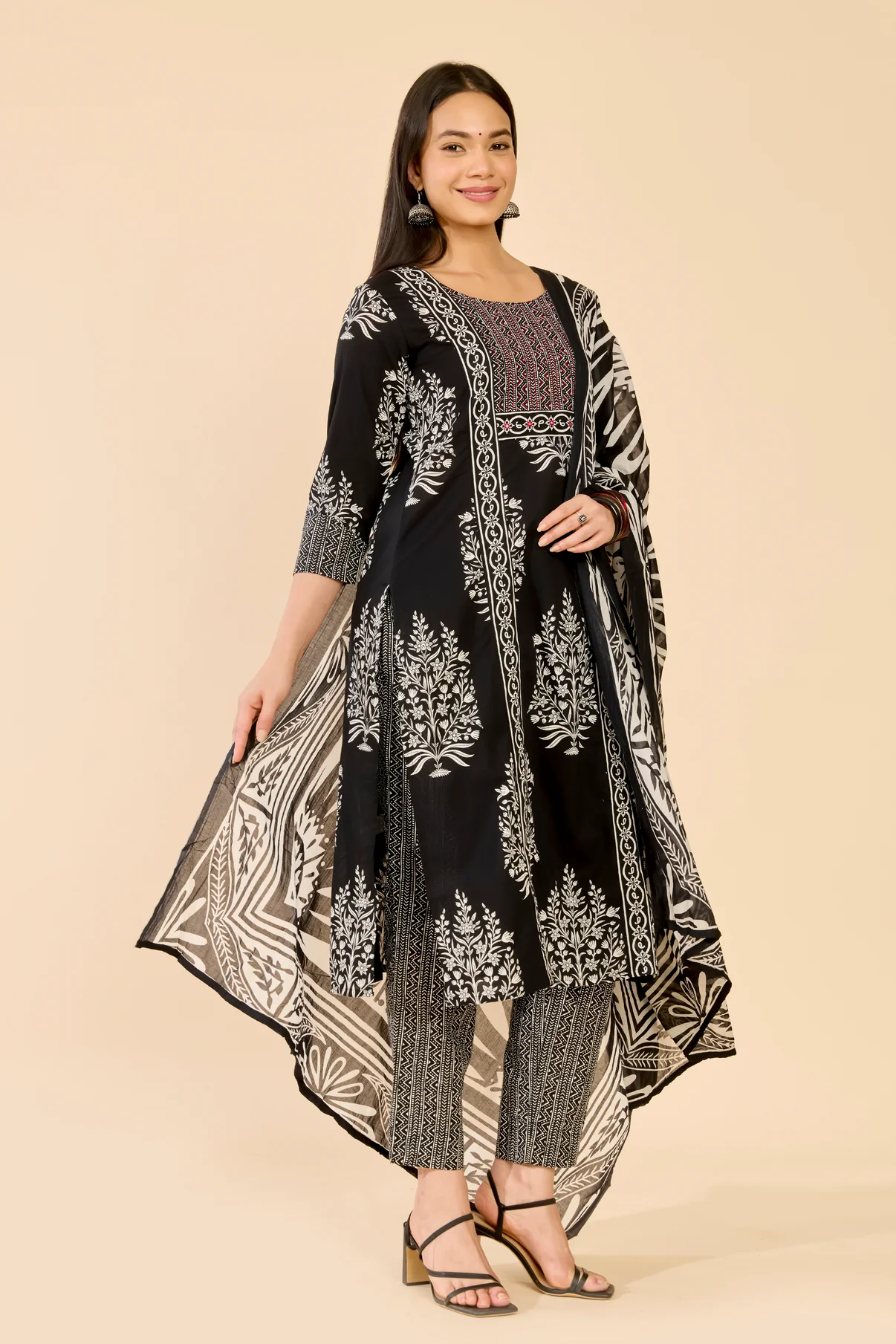 Black Floral Print Cotton Kurta Set