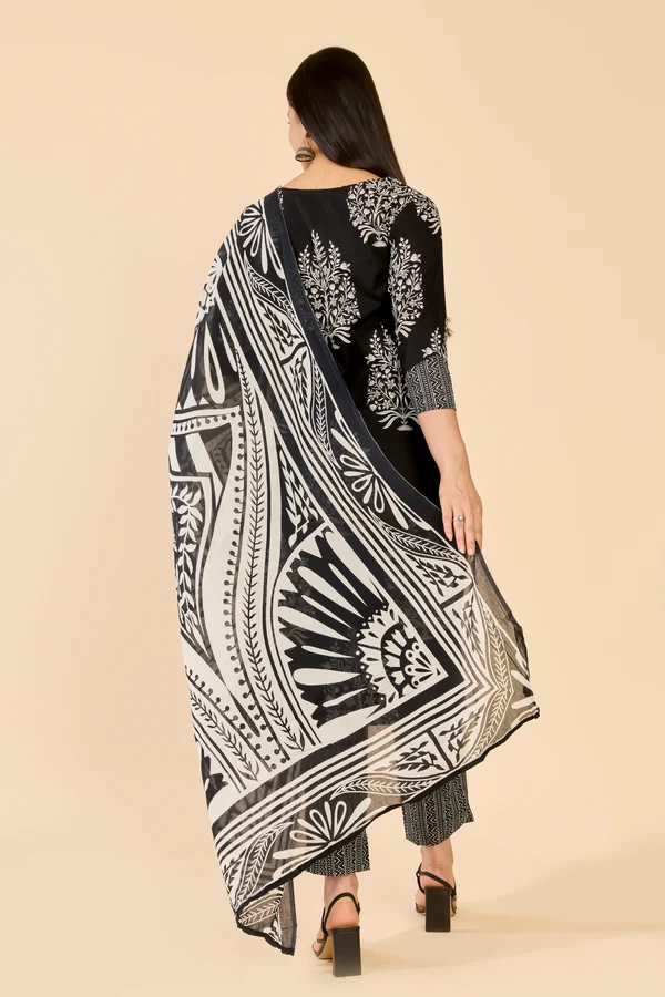 Black Floral Print Cotton Kurta Set