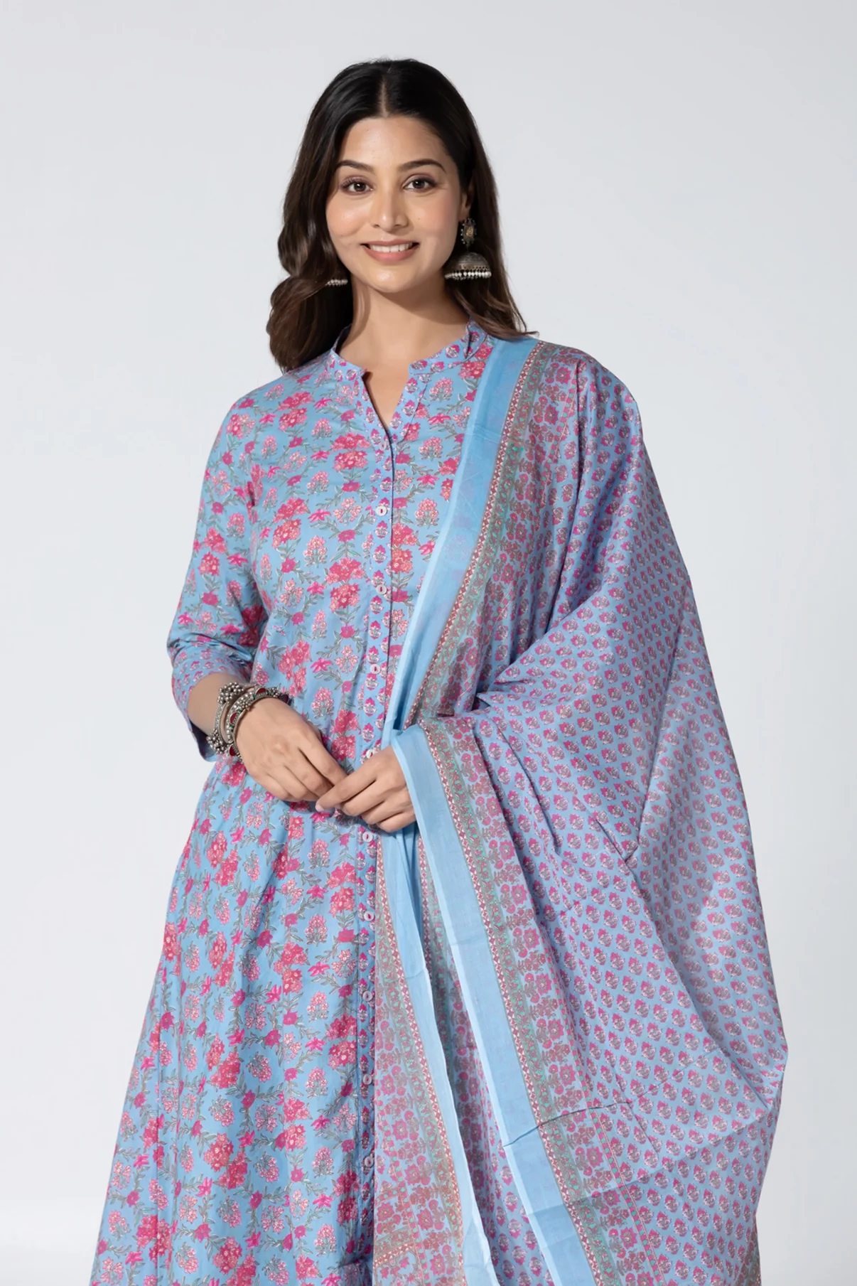 Blue Floral Print Jaipur Cotton Kurta Set
