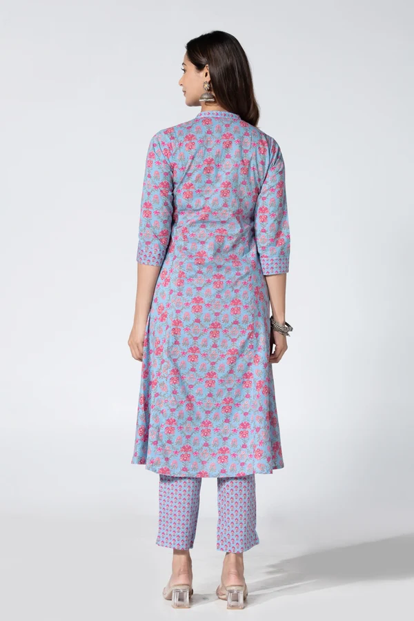 Blue Floral Print Jaipur Cotton Kurta Set