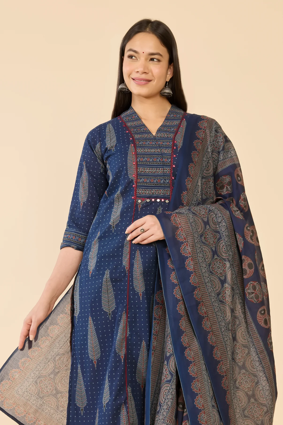 All Over Printed Cotton Kurta Set Workwear - Navy Blue