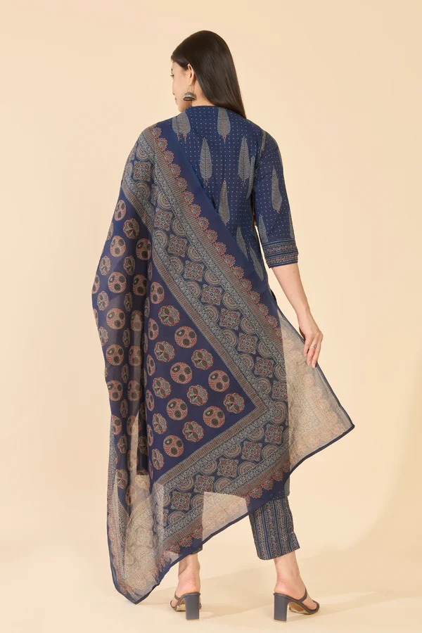 All Over Printed Cotton Kurta Set Workwear - Navy Blue