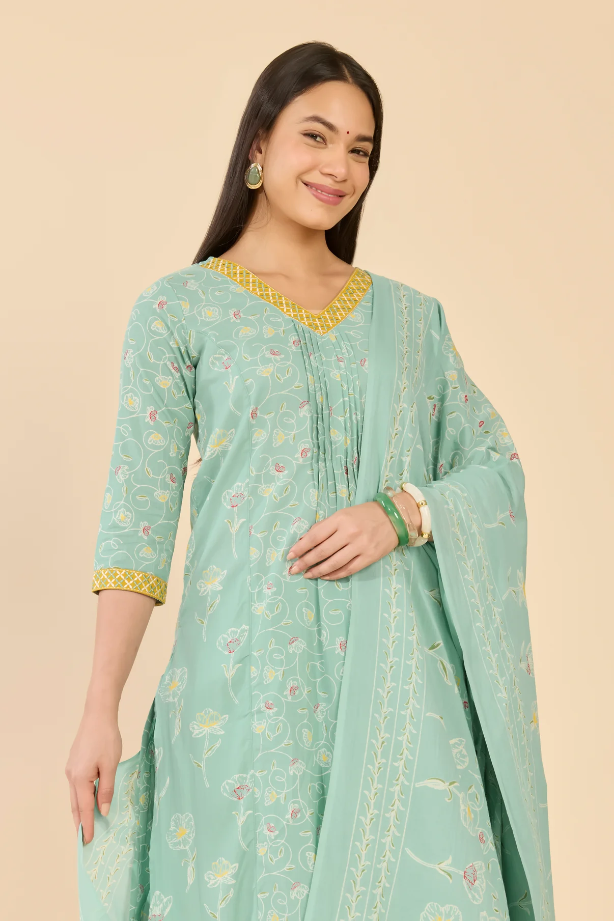 Turquoise Green Floral Print Jaipur Cotton Kurta Set