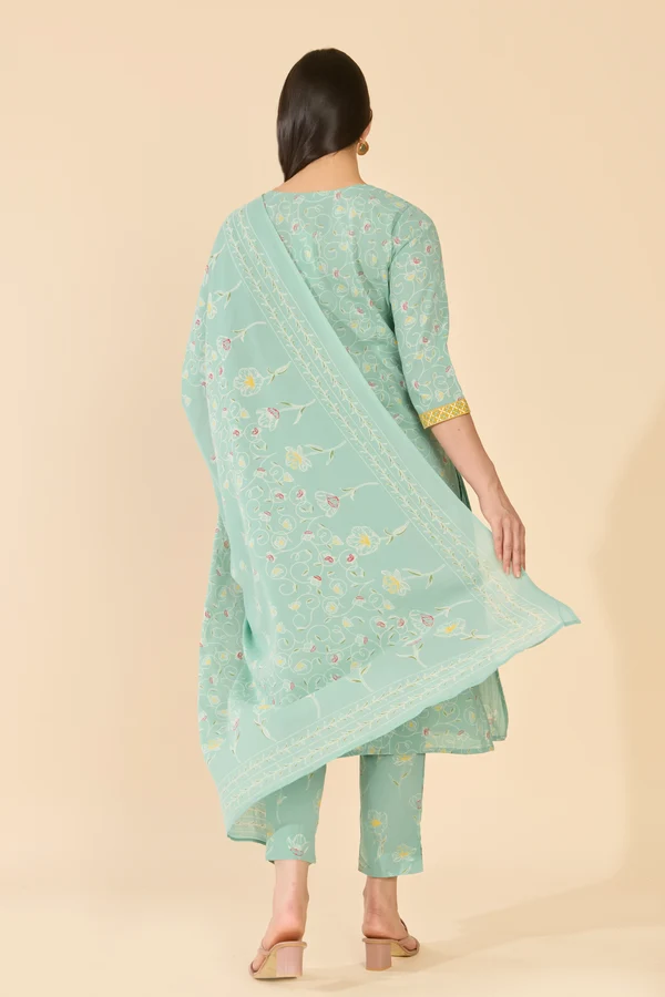 Turquoise Green Floral Print Jaipur Cotton Kurta Set
