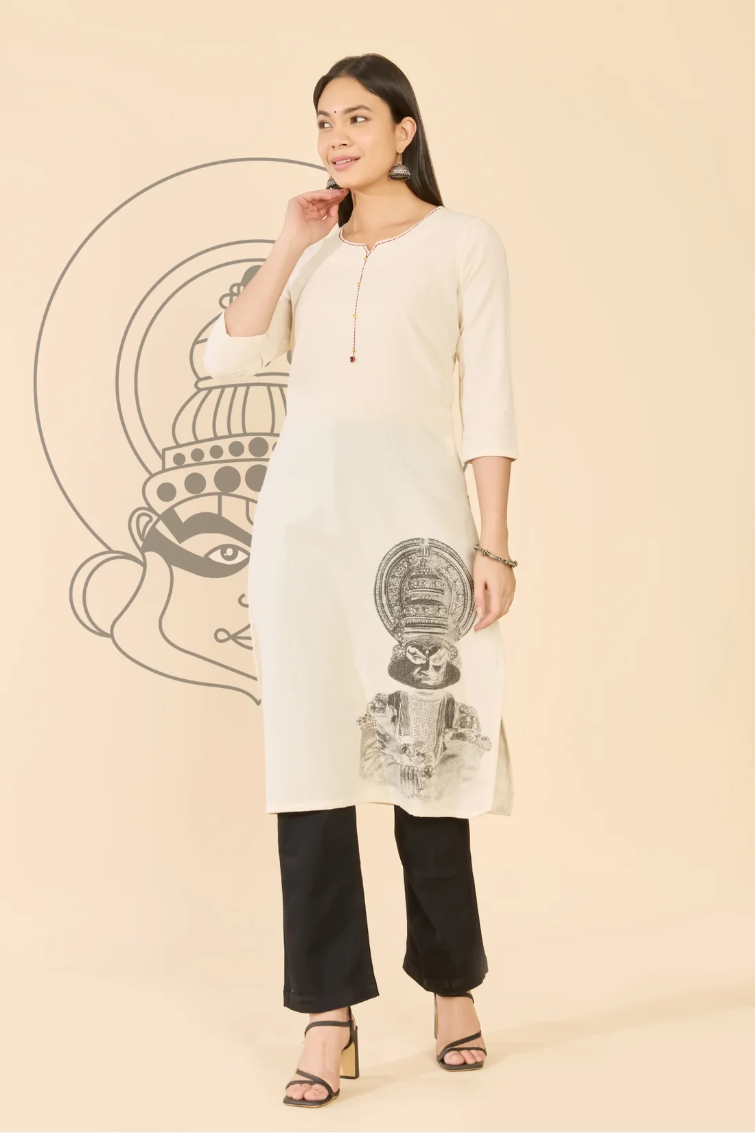 Off white Kathakali Print Straight Kurta