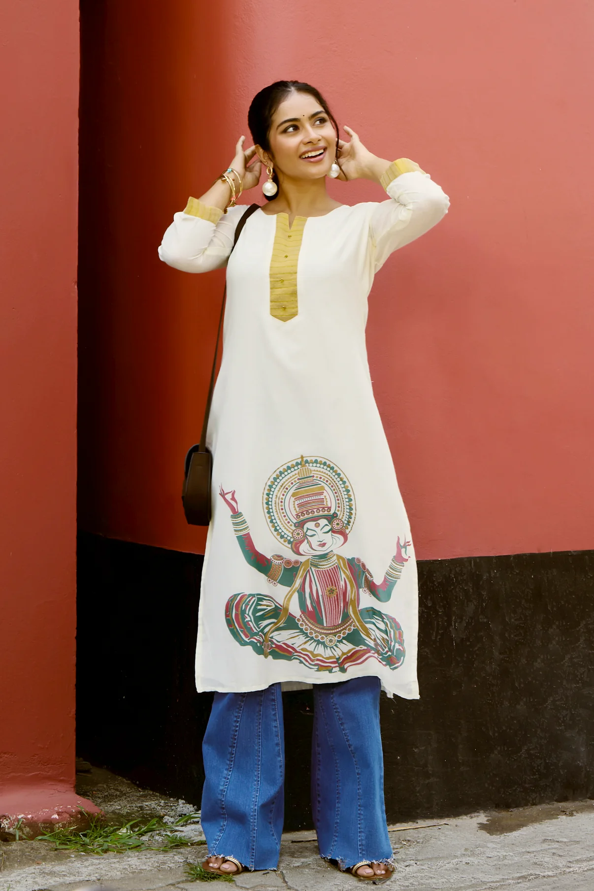 Off White Dancing Kathakali Cotton Straight Kurta