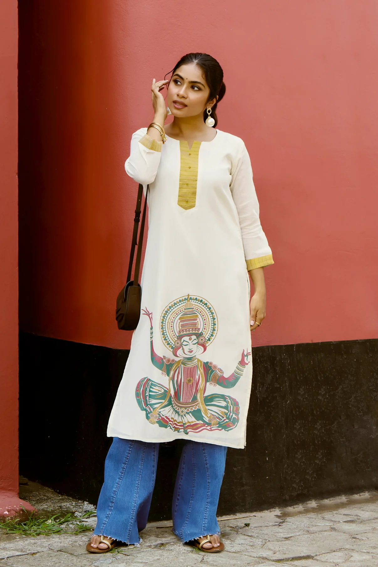 Off White Dancing Kathakali Cotton Straight Kurta