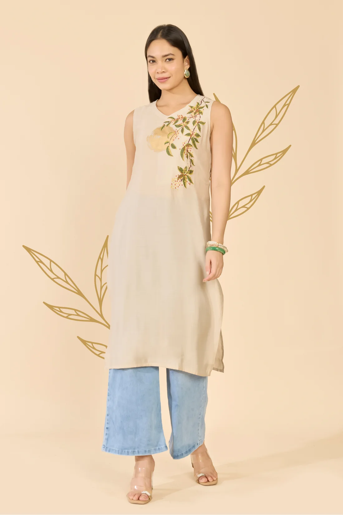 Beige Sun & Floral A-Line Kurta