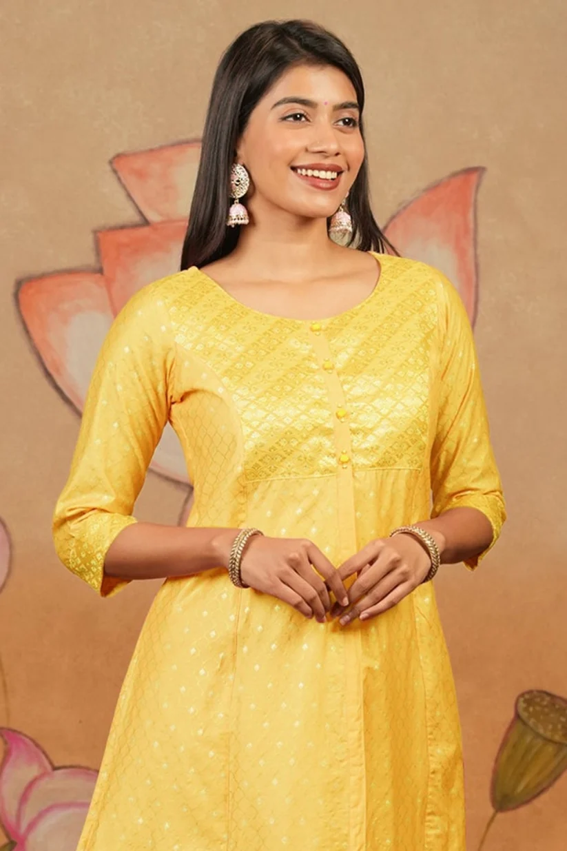 Jaali Printed With Brocade Yoke Kurta Yellow