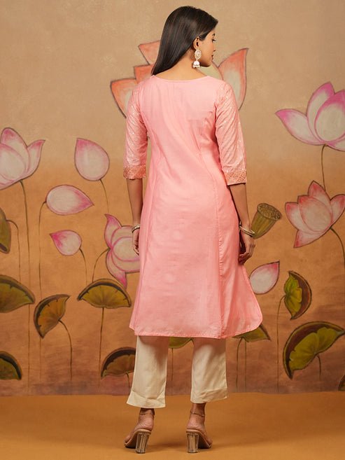 Jaali Printed With Brocade Yoke Kurta Pink