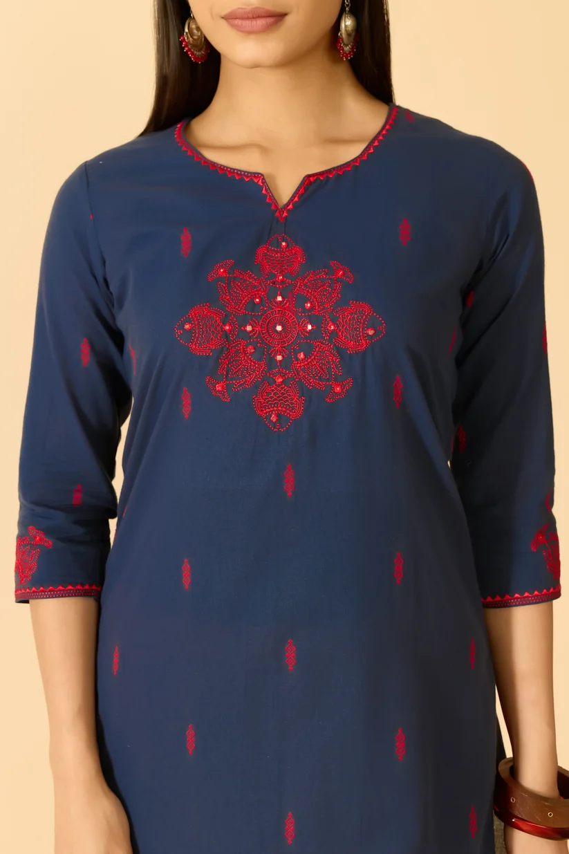 Navy Embroidered Cotton Kurta