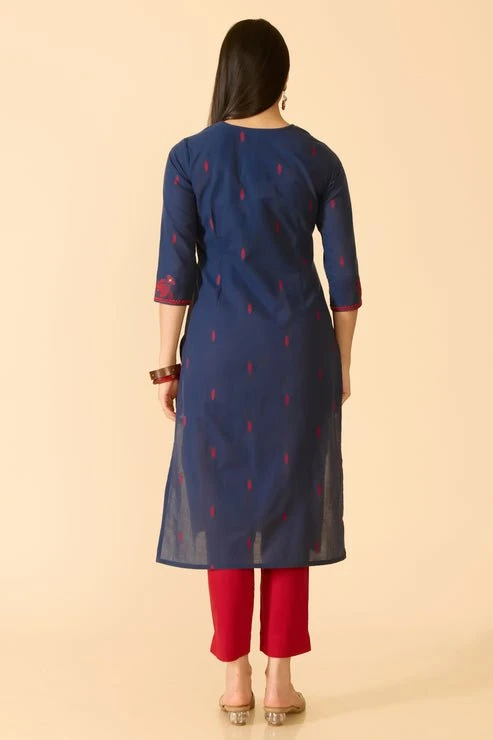 Navy Embroidered Cotton Kurta