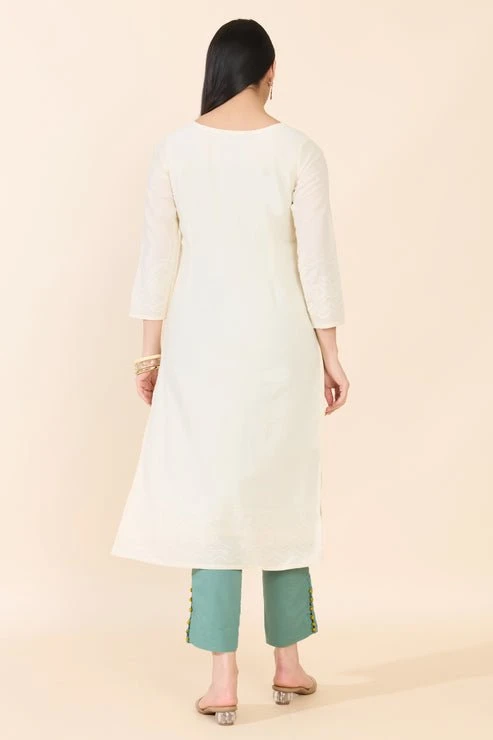 Off White Eyelet Embroidered Cotton Kurta