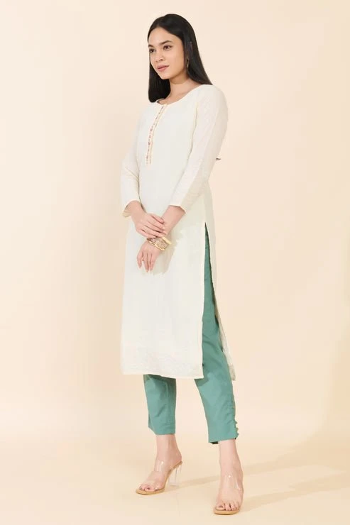 Off White Eyelet Embroidered Cotton Kurta