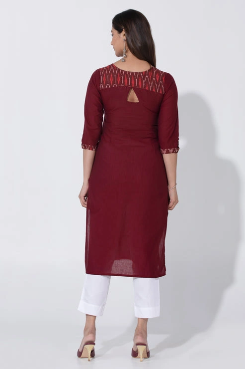 Maroon Ikkat Straight Cross Cotton Kurta with Lining