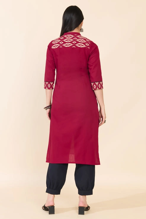 Maroon & Off White Ikat Cotton Kurta