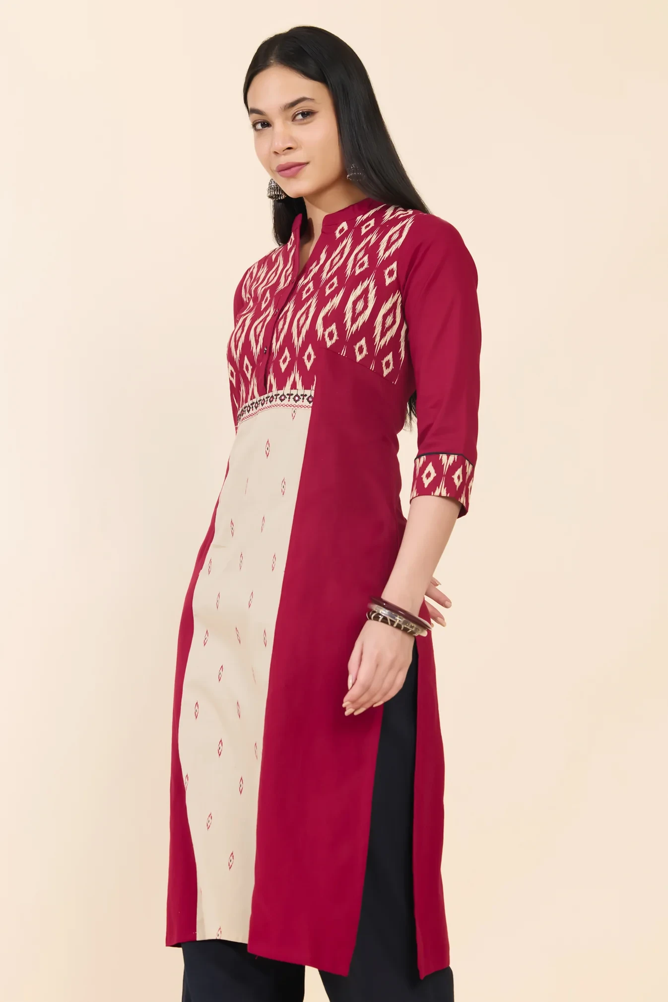 Maroon & Off White Ikat Cotton Kurta