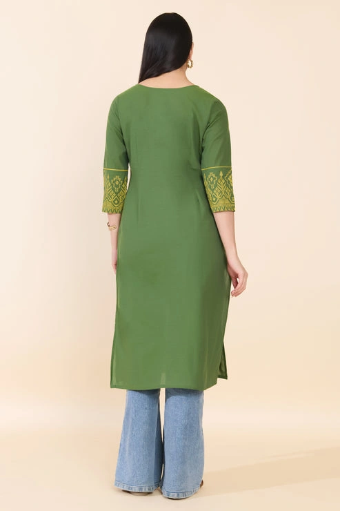 Green Embroidered Cotton Kurta