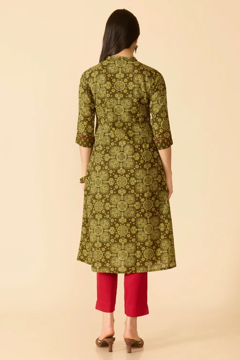 Olive Green Printed Cotton Kurta