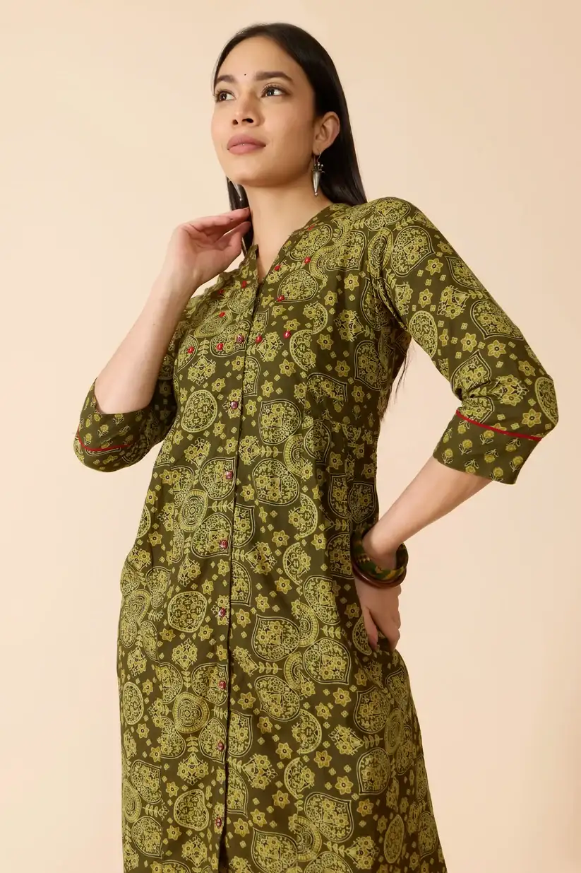 Olive Green Printed Cotton Kurta
