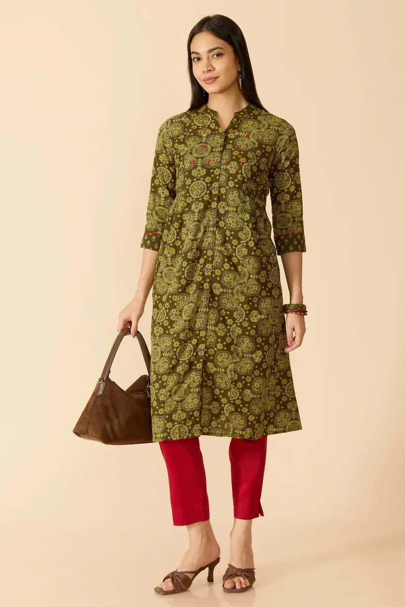 Olive Green Printed Cotton Kurta