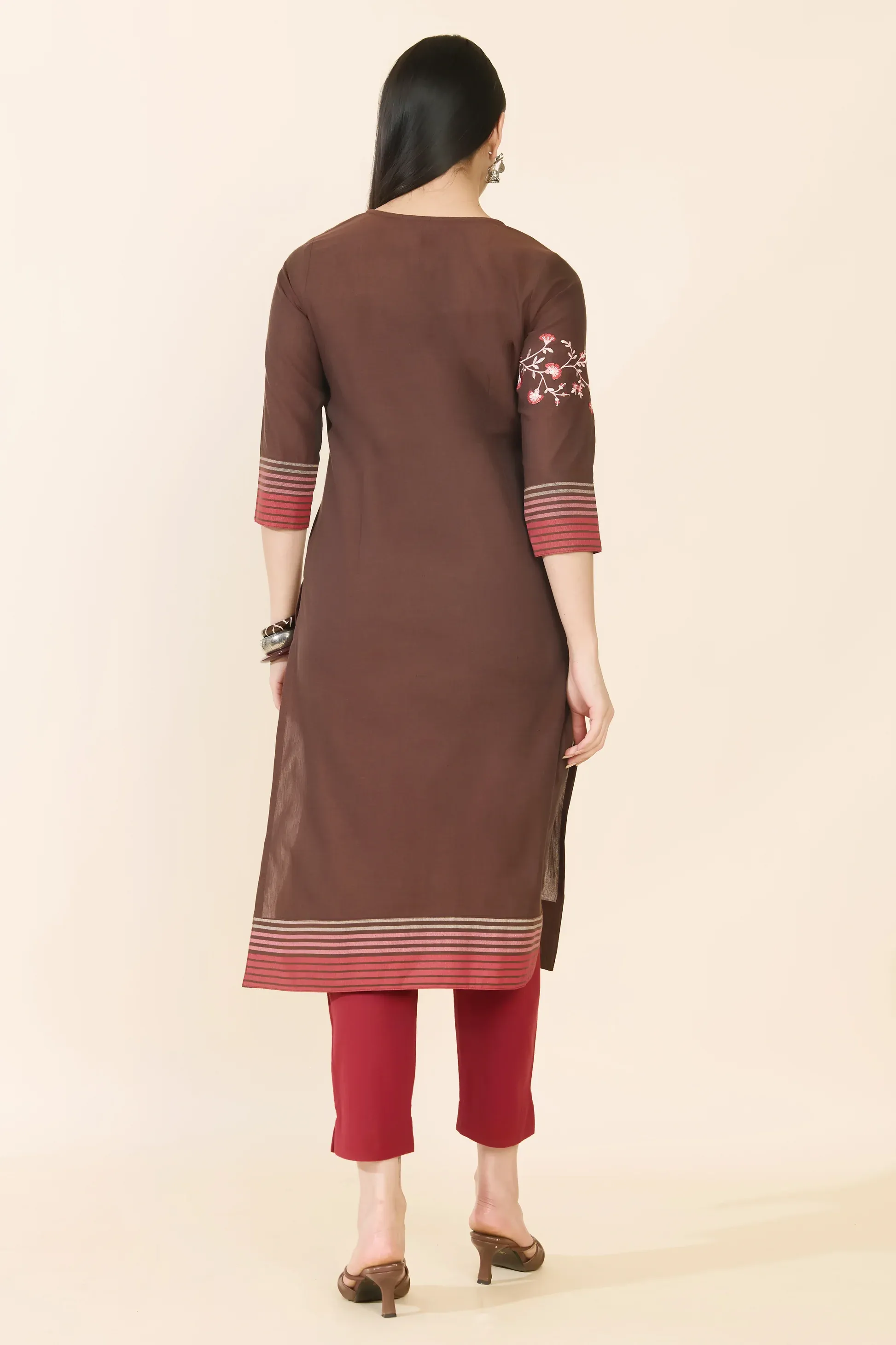 Brown Floral & Striped Cotton Kurta