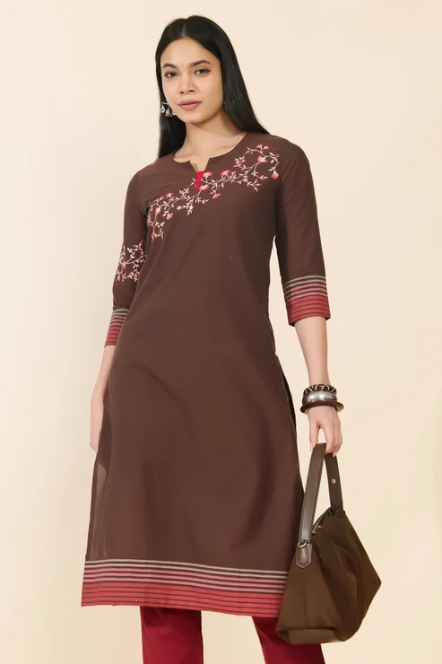 Brown Floral & Striped Cotton Kurta