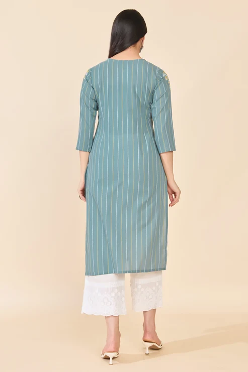 Turquoise Embroidered Cotton Kurta