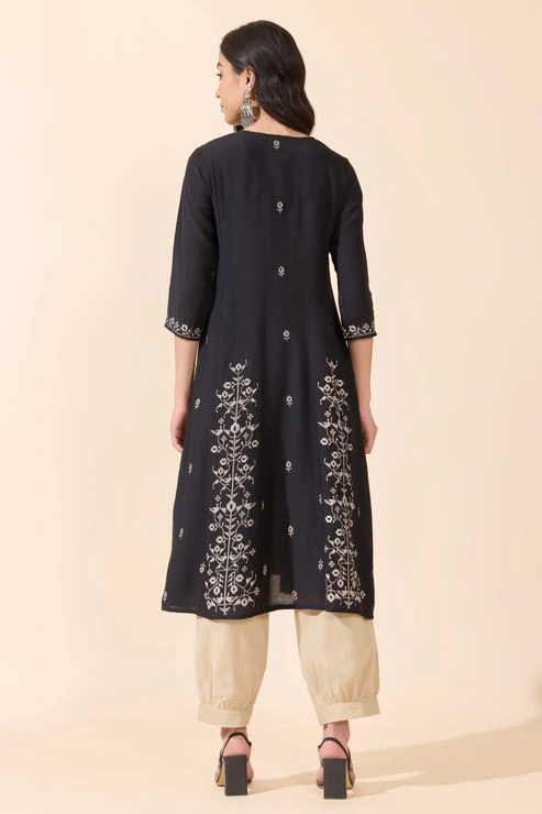 Black Jamdhani Floral Inspired Printed Paneled Kurta