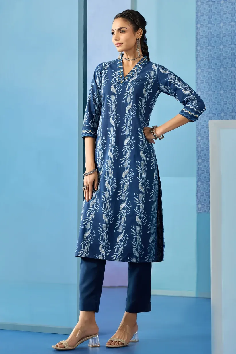 Blue Indigo Printed Straight Cut Kurta